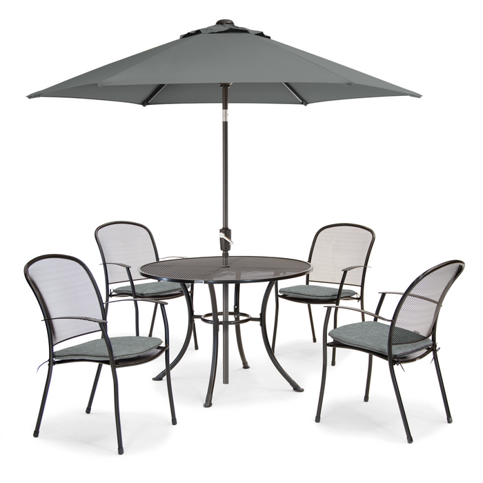 Kettler Caredo 4 Seat Set Round Dining Set with 110cm Round Mesh Table, Sage Cushions Pads, Parasol & Base