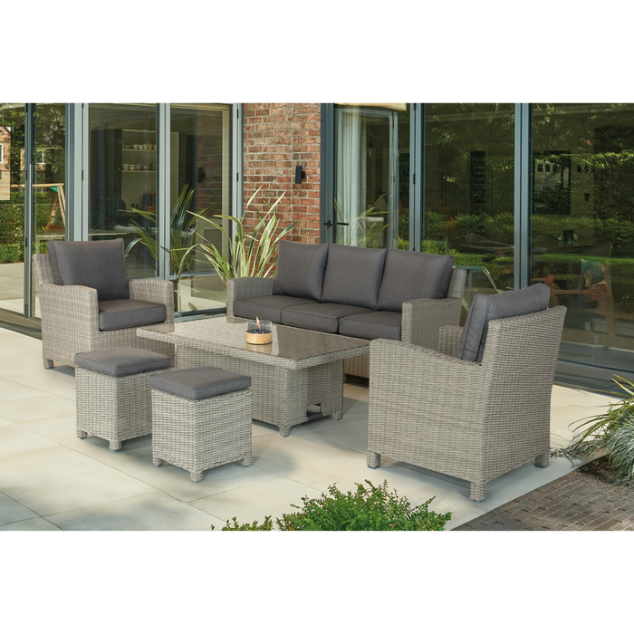 Kettler Palma Signature Sofa Set with Glass Top High Low Table | White Wash Rattan | Taupe Cushion