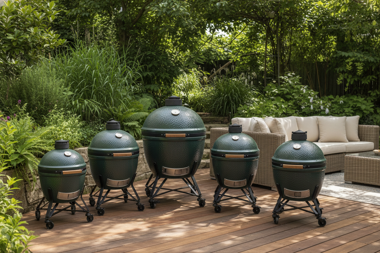 Big Green Egg ceramic kamado grills in different sizes displayed in a garden setting
