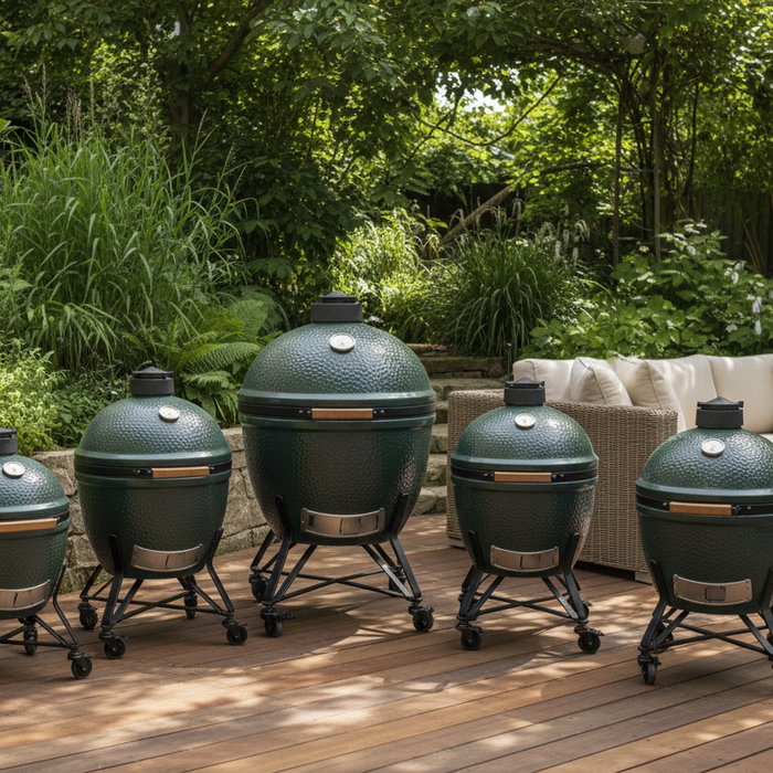 Big Green Egg ceramic kamado grills in different sizes displayed in a garden setting