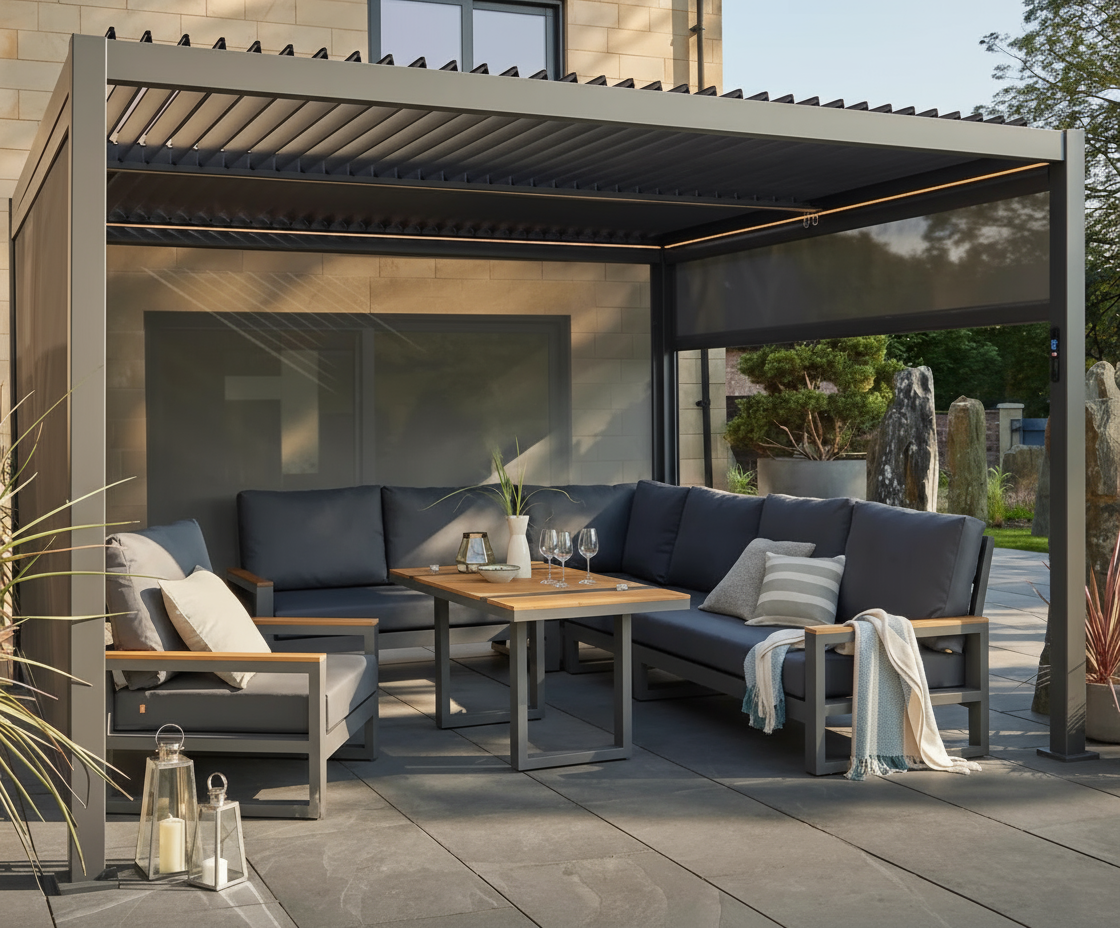 Norfolk Leisure Royce Cube aluminium pergola in anthracite grey with modern cube design in garden setting