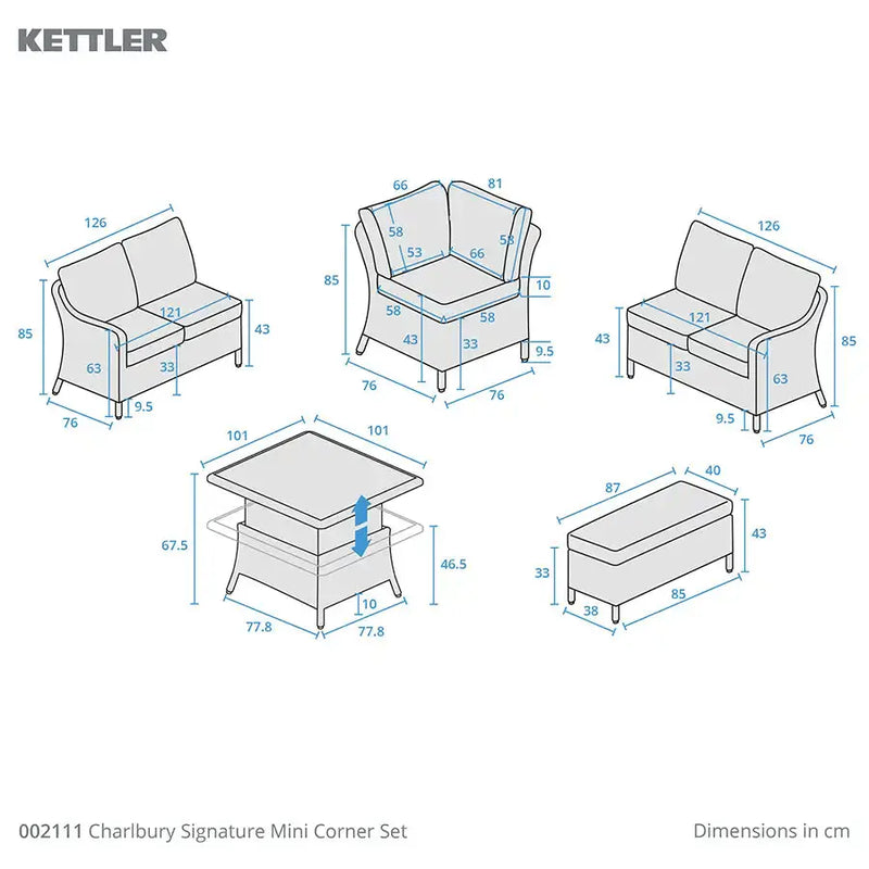 Kettler Charlbury Signature Mini Dining Corner Set with High Low Table & Weatherproof Cushions Kettler