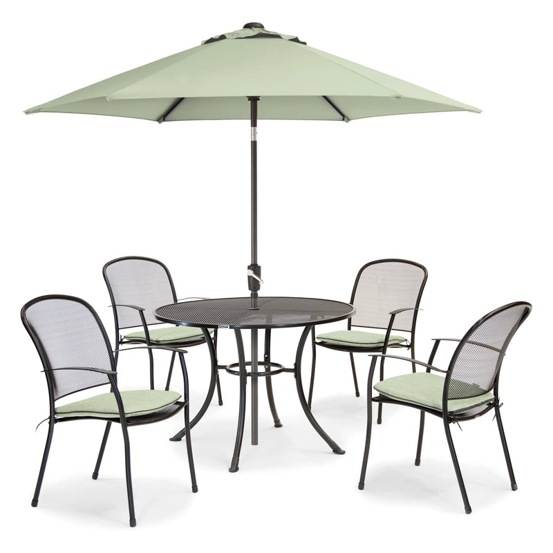 Kettler Caredo 4 Seat Set Round Dining Set with 110cm Round Mesh Table, Slate Cushions Pads, Parasol & Base Kettler