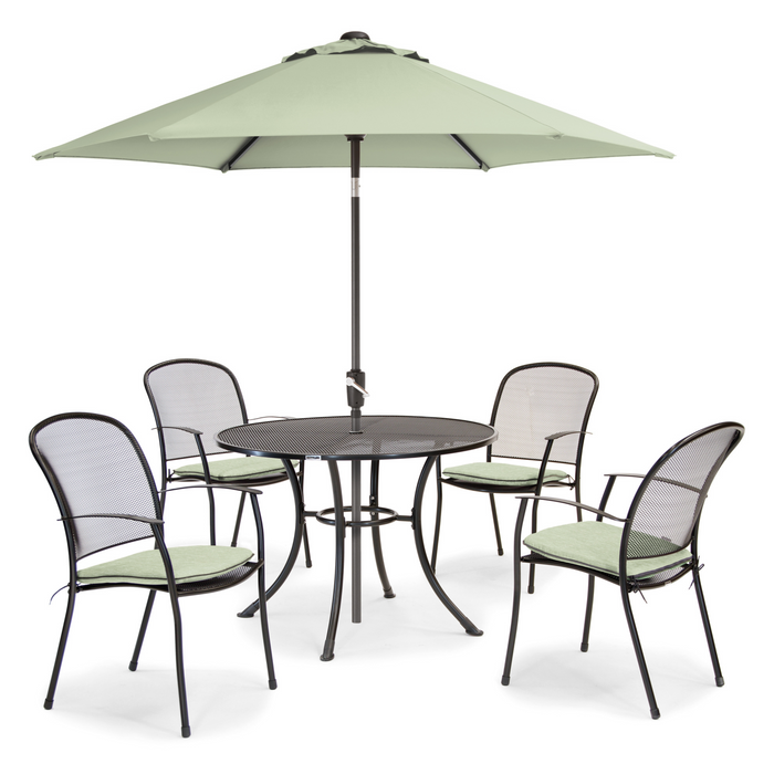 Kettler Caredo 4 Seat Set Round Dining Set with 110cm Round Mesh Table, Slate Cushions Pads, Parasol & Base