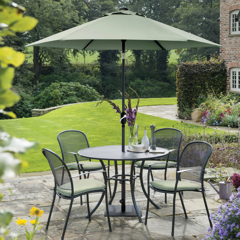 Kettler Caredo 4 Seat Set Round Dining Set with 110cm Round Mesh Table, Slate Cushions Pads, Parasol & Base Kettler