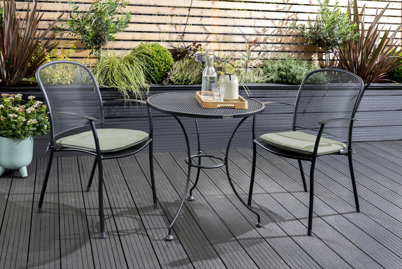 Kettler Caredo Bistro Set with 70cm Round Mesh Table, 2 Chairs with Sage Cushions Pads Kettler