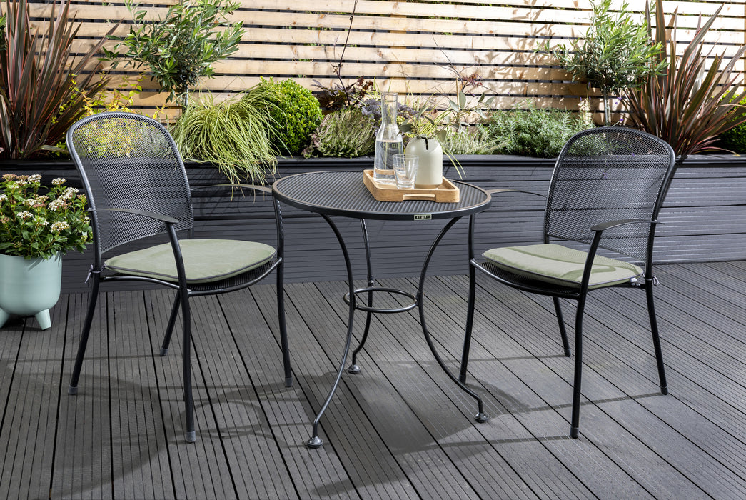 Kettler Caredo Bistro Set with 70cm Round Mesh Table, 2 Chairs with Sage Cushions Pads