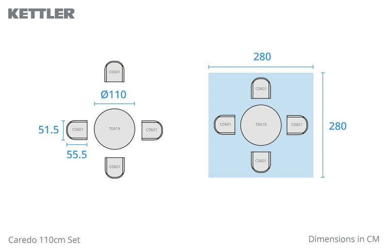 Kettler Caredo 4 Seat Set Round Dining Set with 110cm Round Mesh Table, Slate Cushions Pads, Parasol & Base Kettler