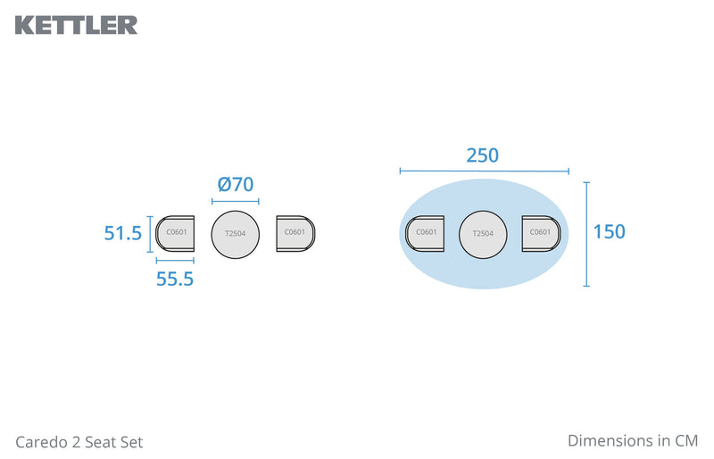 Kettler Caredo Bistro Set with 70cm Round Mesh Table, 2 Chairs with Sage Cushions Pads Kettler