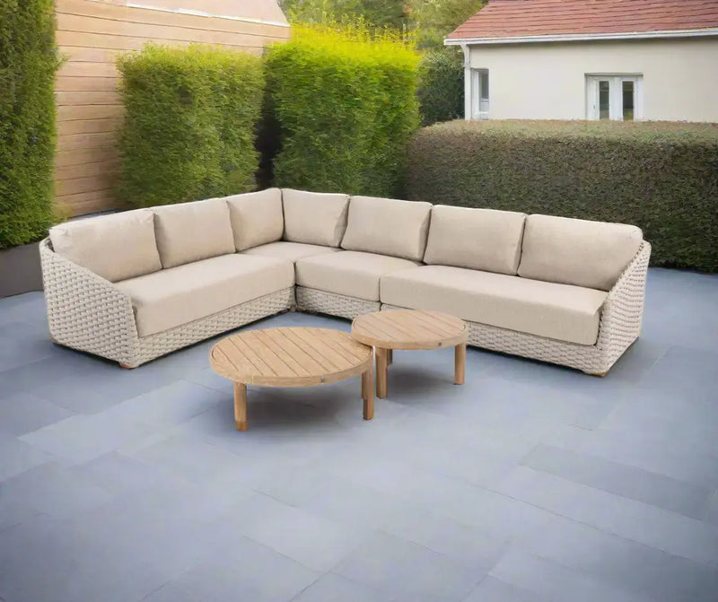 4SO Casanova Modular Outdoor Corner Big Sofa in latte with Sem Brushed Teak Tables 4 Seasons Outdoor