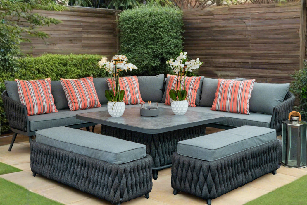 Chelsea Large Outdoor Corner Sofa Dining Lounging Set with Rise & Fall Table | Grey | Seats 8