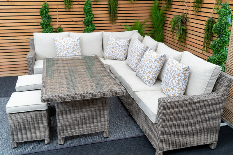 Kensington Rattan Right-Hand High Corner Outdoor Dining & Lounging Set | Seats 7 Grace Bay