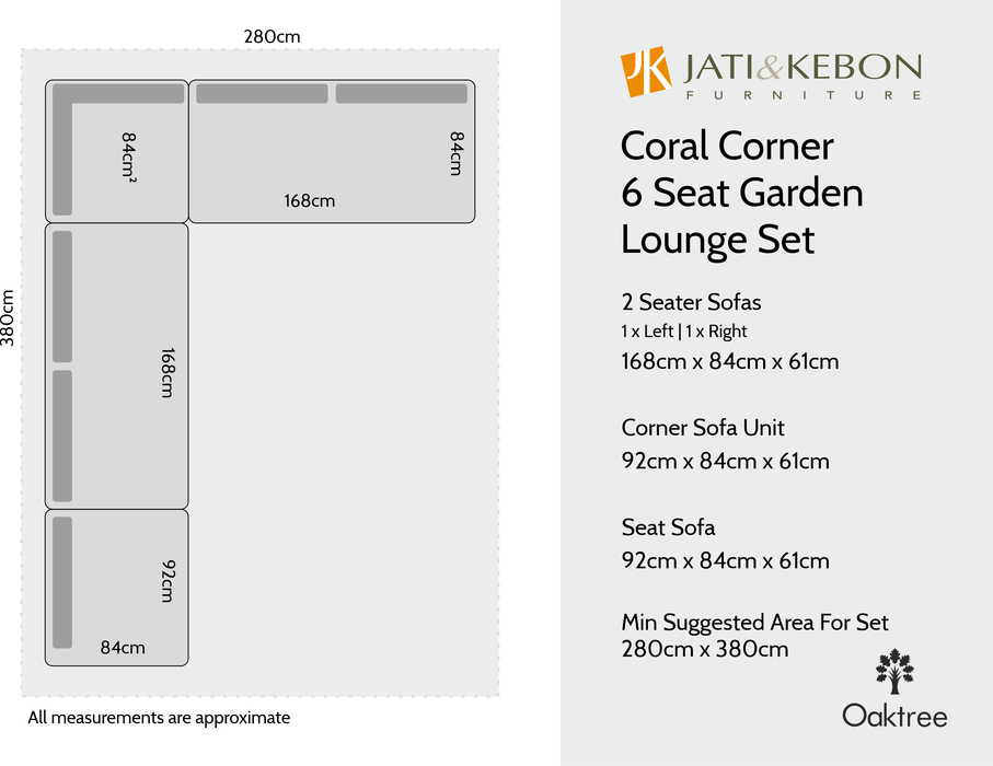 Jati & Kebon Coral Corner 6 Seat Garden Lounge Set - White Aluminium Frame  - Grey Cushions