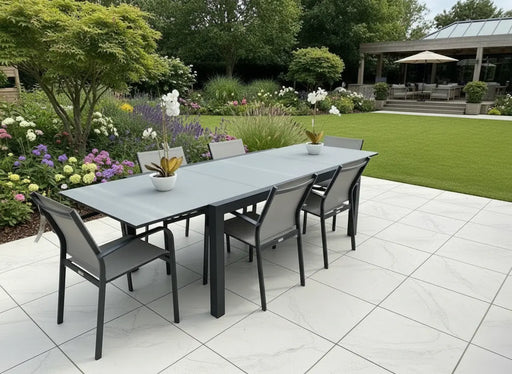 Jati & Kebon St Lucia 8 Seat Dining Set Charcoal on patio showing 6 seats