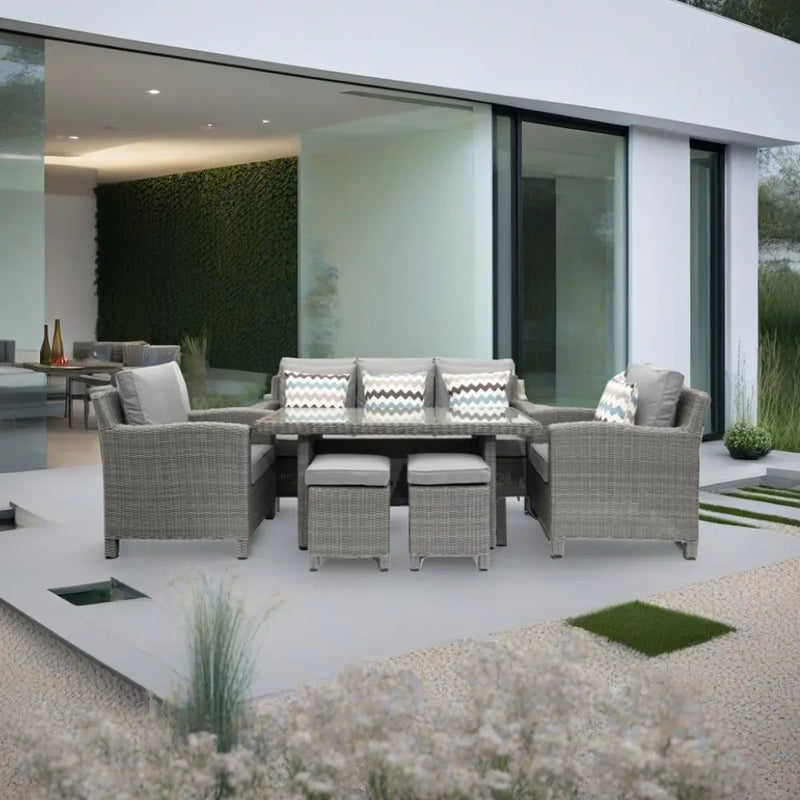 Kensington High 3 Seat Sofa & Armchair Outdoor Dining Set with Stools | Grey | Seats 7 Grace Bay