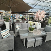 Kensington High 3 Seat Sofa & Armchair Outdoor Dining Set with Stools | Grey | Seats 7 Grace Bay