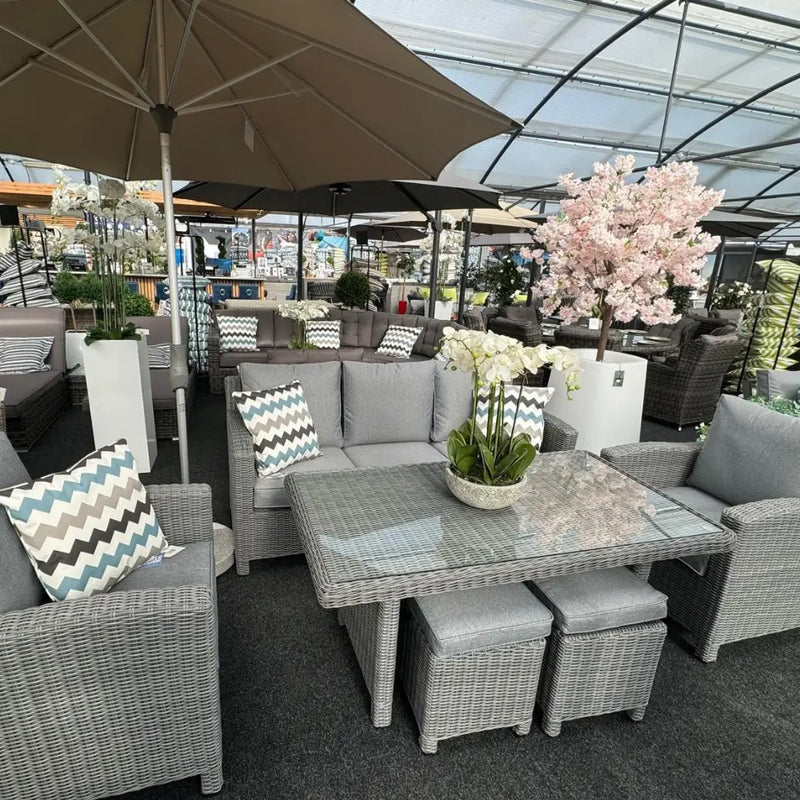 Kensington High 3 Seat Sofa & Armchair Outdoor Dining Set with Stools | Grey | Seats 7 Grace Bay