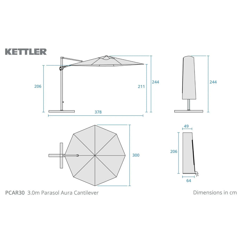 Kettler Aura 3m Round Cantilever Parasol with Night Cover Kettler