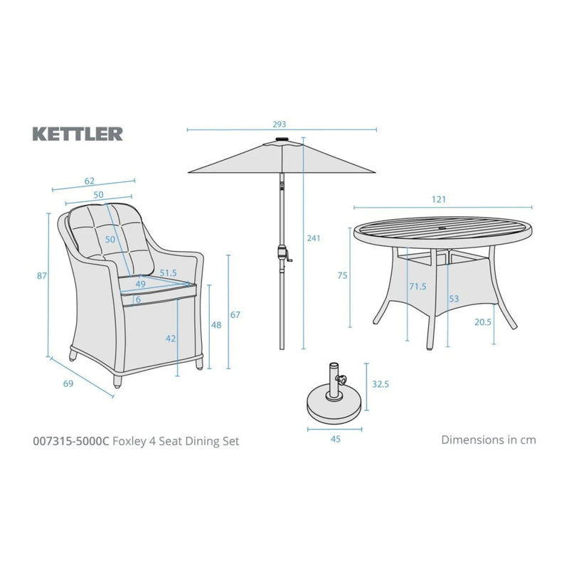 Kettler Foxley 4 Seat Dining Set with 120cm Round Table including Parasol and Base Kettler