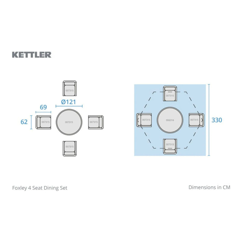 Kettler Foxley 4 Seat Dining Set with 120cm Round Table including Parasol and Base Kettler
