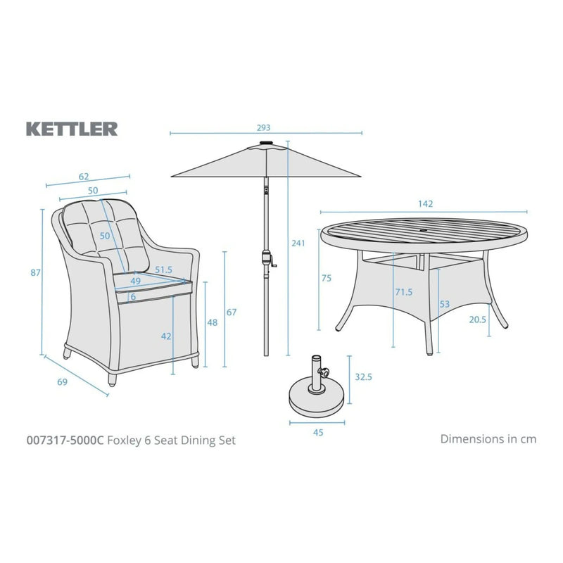 Kettler Foxley 6 Seat Dining Set with 140cm Round Table including Parasol and Base Kettler