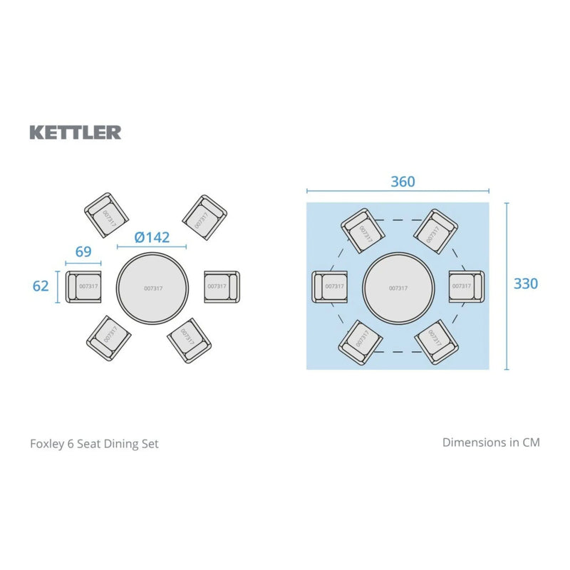 Kettler Foxley 6 Seat Dining Set with 140cm Round Table including Parasol and Base Kettler