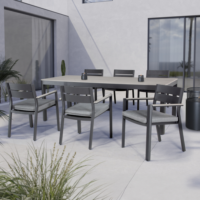 Kettler Gio 6 Seat Garden Dining Set Rectangle 220x93cm Aluminium Wood Effect Top with Grey Frome