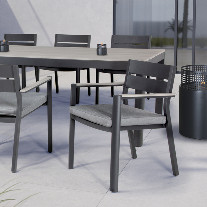 Kettler Gio 6 Seat Garden Dining Set Rectangle 220x93cm Aluminium Wood Effect Top with Grey Frome