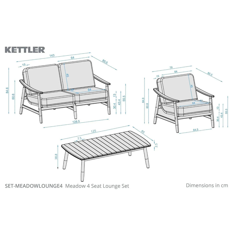 Kettler Meadow 4 Seat Garden Lounge Set - Acacia Wood - RainSafe Cushions Kettler