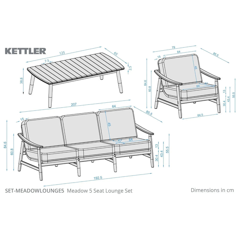 Kettler Meadow 5 Seat Garden Lounge Set - Acacia Wood - RainSafe Cushions Kettler