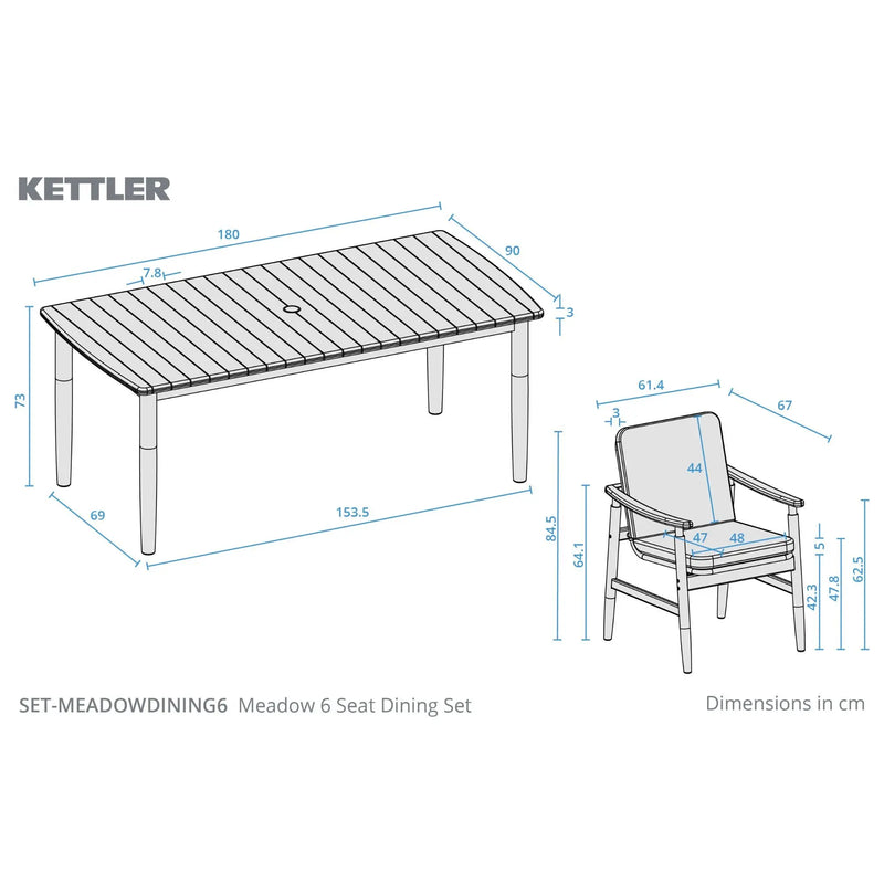 Kettler Meadow 6 Seat Garden Dining Set - Acacia Wood - RainSafe Cushions Kettler