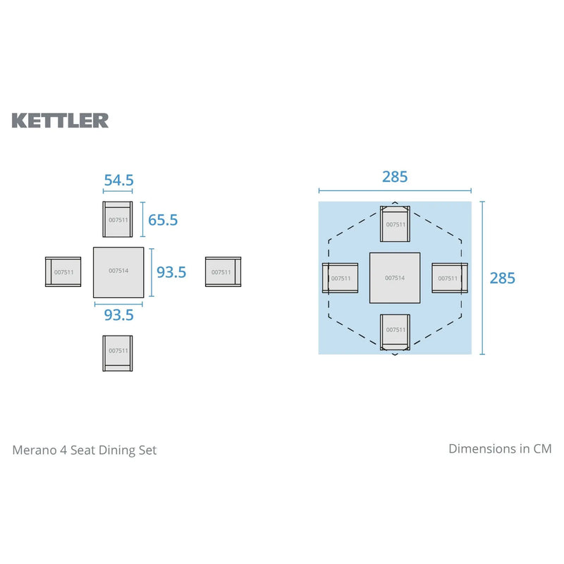Kettler Merano 4 Seat Garden Dining Set - Parasol - RainSafe Cushions - Grey Kettler
