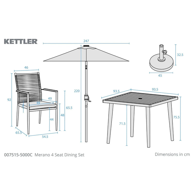 Kettler Merano 4 Seat Garden Dining Set - Parasol - RainSafe Cushions - Grey Kettler