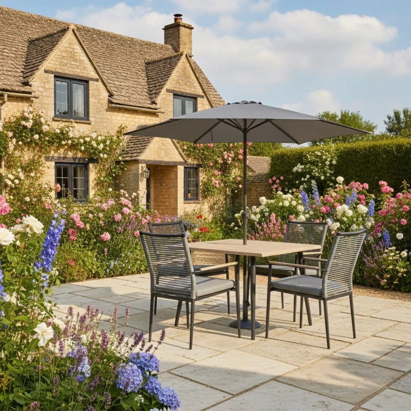 Kettler Merano 4 Seat Garden Dining Set - Parasol - RainSafe Cushions - Grey Kettler