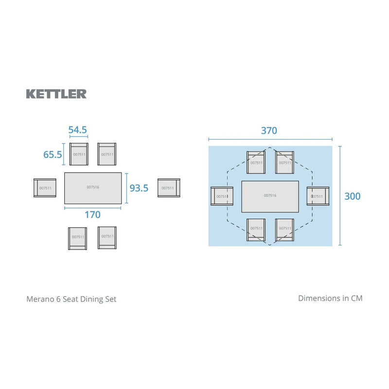 Kettler Merano 6 Seat Garden Dining Set - Parasol - RainSafe Cushions - Grey Kettler