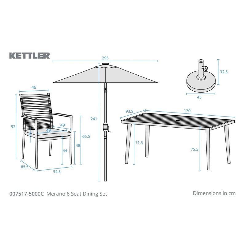 Kettler Merano 6 Seat Garden Dining Set - Parasol - RainSafe Cushions - Grey Kettler