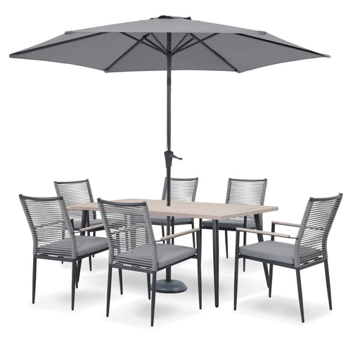 Kettler Merano 6 Seat Garden Dining Set - Parasol - RainSafe Cushions - Grey Kettler