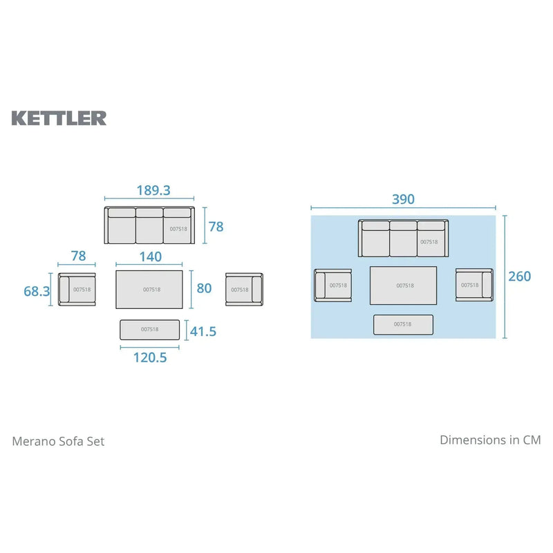 Kettler Merano 7 Seat Garden Sofa Set - High/Low RainSafe Cushions Kettler