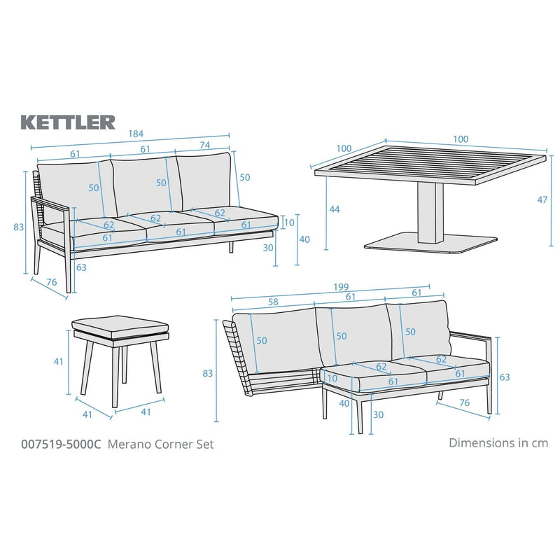 Kettler Merano Garden Corner Set - High/Low Table - RainSafe Cushions Kettler