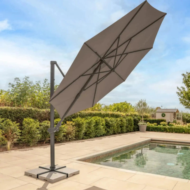 Kettler Orion 3.0m Round Canopy LED Cantilever Parasol with Side Tilt, Granite Base & Night Cover - Grey Frame Kettler