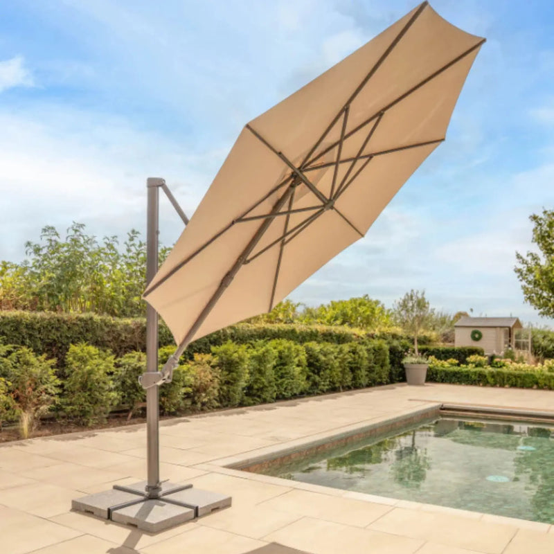 Kettler Orion 3.0m Round Canopy LED Cantilever Parasol with Side Tilt, Granite Base & Night Cover - Grey Frame Kettler