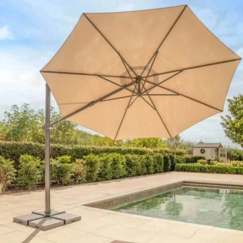 Kettler Orion 3.0m Round Slate Canopy LED Cantilever Parasol with Side Tilt, Granite Base & Night Cover - Grey Frame Kettler