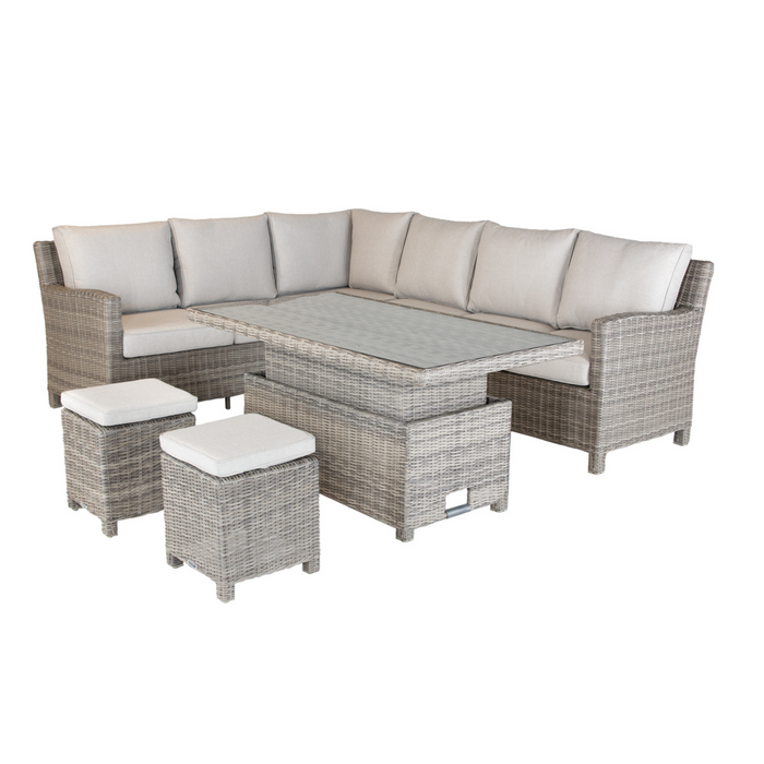Kettler Palma Signature Right Hand Corner Sofa with Glass Top High Low Table | Oyster Rattan | Stone Cushion
