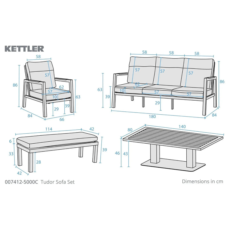 Kettler Tudor 5 Seat Garden Lounge Set High/Low Table - RainSafe Cushions Kettler