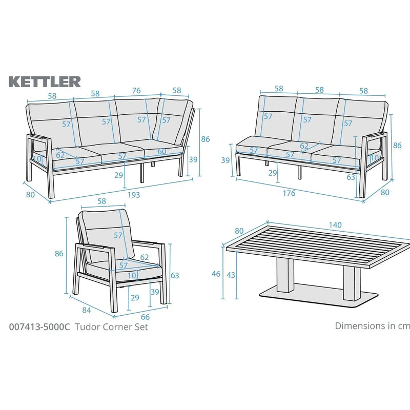 Kettler Tudor Garden Corner Set Right Hand High/Low Table - RainSafe Cushions Kettler