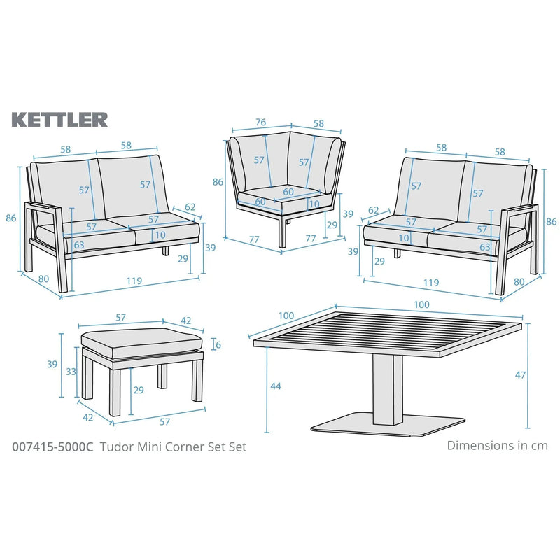 Kettler Tudor Garden Mini Corner Set - High/Low Table - RainSafe Cushions Kettler