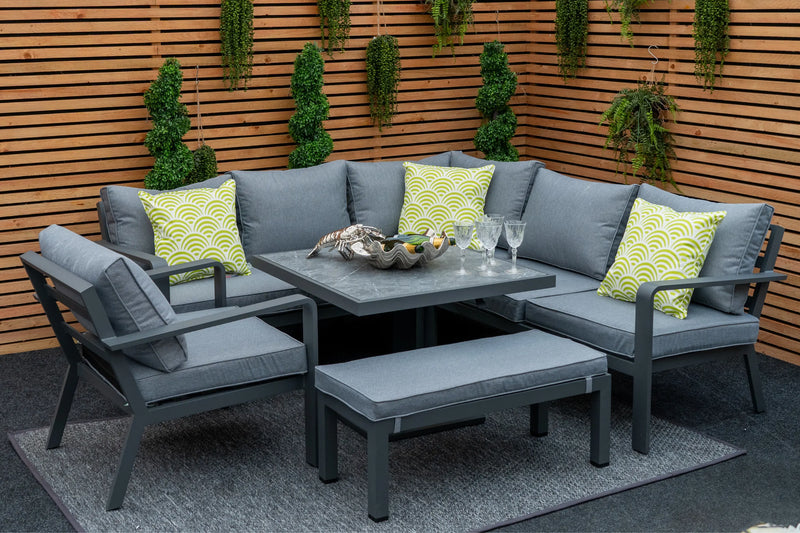 Mayfair Outdoor Compact Corner Sofa Lounging Dining Set with Rise & Fall Table Grace Bay