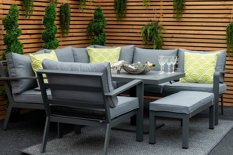 Mayfair Outdoor Compact Corner Sofa Lounging Dining Set with Rise & Fall Table Grace Bay