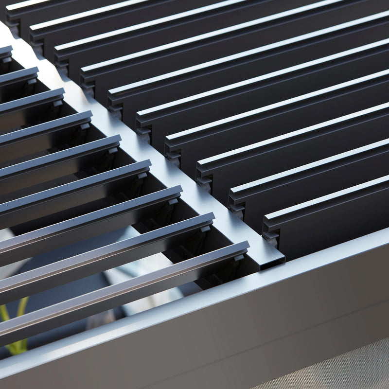 Royce Cube anthracite grey aluminium pergola double-skinned adjustable louvre panels