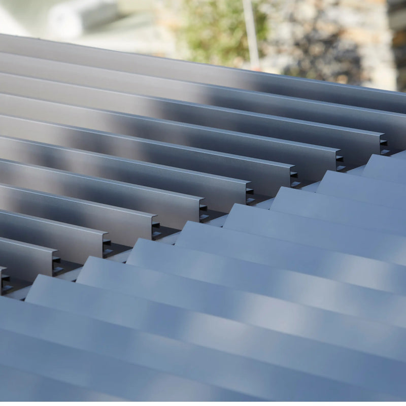 Royce Cube anthracite grey aluminium pergola double skinned adjustable louvre panels side view